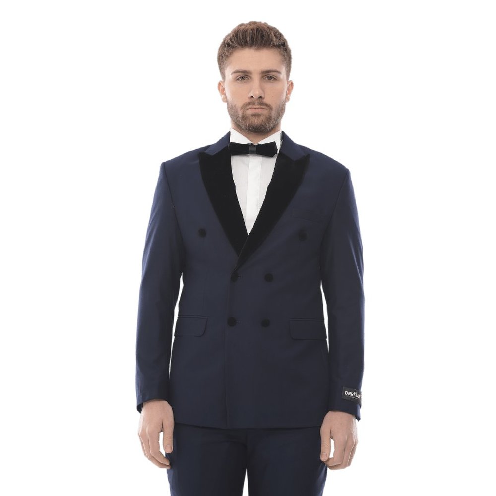 2pc Double Breasted Tuxedo, Dark Blue Peak Lapel Turkish Import